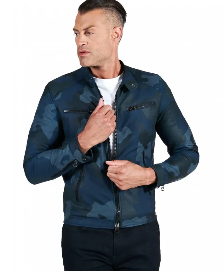 Uomo D'Arienzo Hamilton - Giacca in pelle mimetica blu effetto liscio