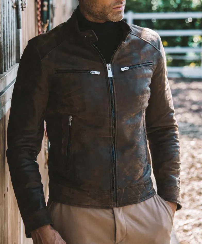 Uomo D'Arienzo Hamilton - Giacca in pelle marrone effetto anticato quattro tasche