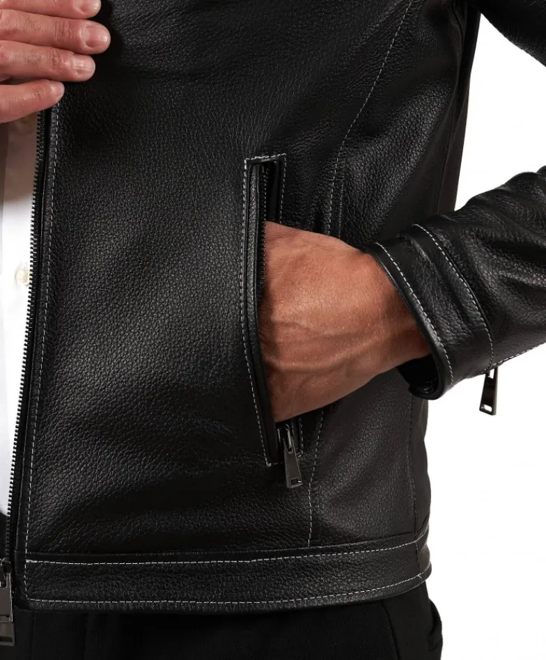 Uomo D'Arienzo Havana - Giacca in pelle raggrinzita nera con cuciture a contrasto