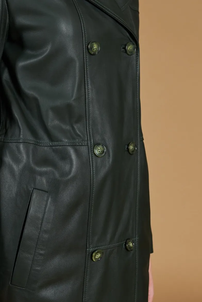 Donna D'Arienzo Hazel - Cappotto in pelle naturale verde doppio petto spacchi laterali