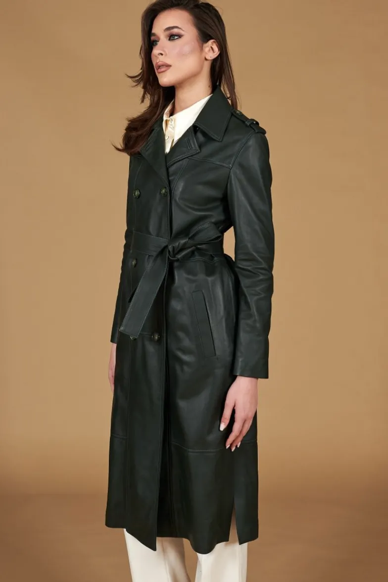 Donna D'Arienzo Hazel - Cappotto in pelle naturale verde doppio petto spacchi laterali