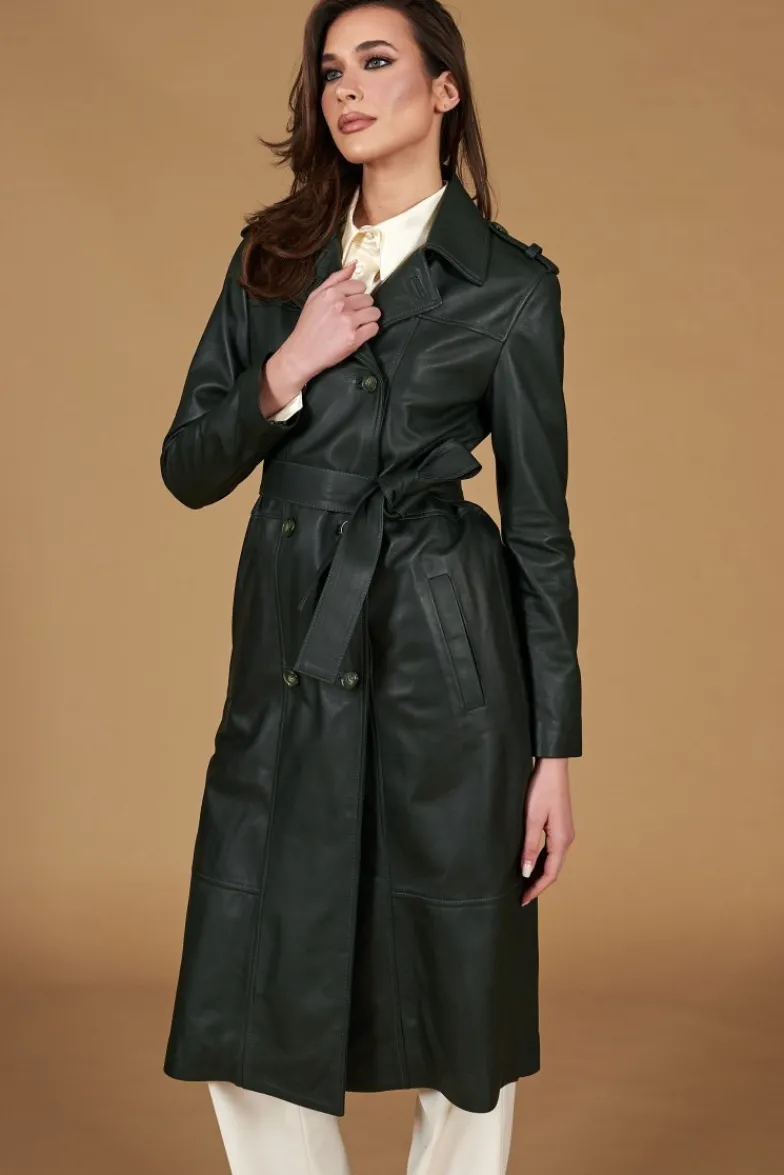 Donna D'Arienzo Hazel - Cappotto in pelle naturale verde doppio petto spacchi laterali