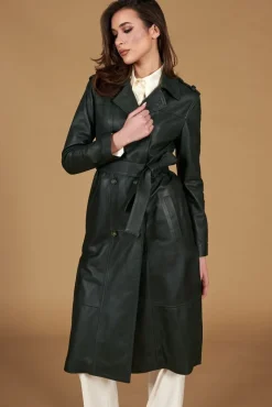 Donna D'Arienzo Hazel - Cappotto in pelle naturale verde doppio petto spacchi laterali