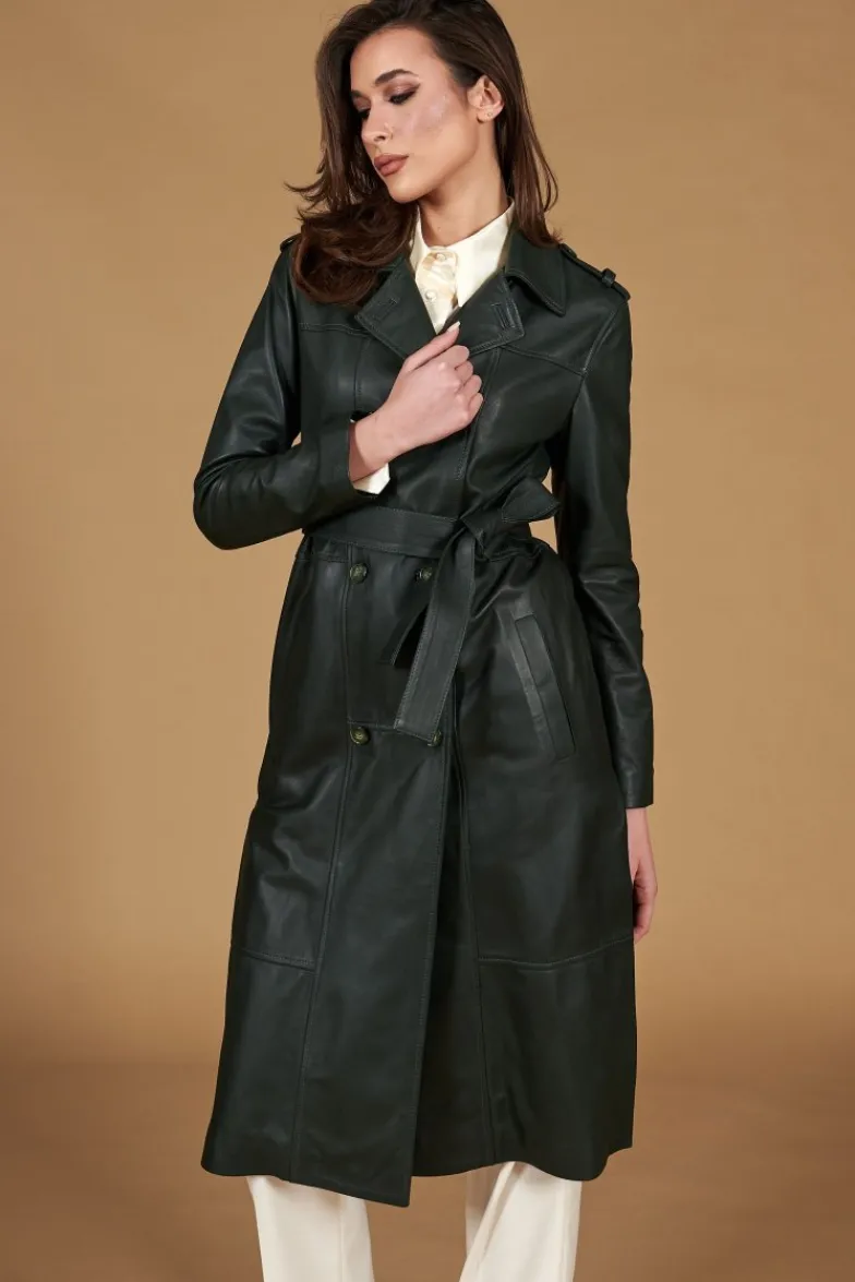 Donna D'Arienzo Hazel - Cappotto in pelle naturale verde doppio petto spacchi laterali