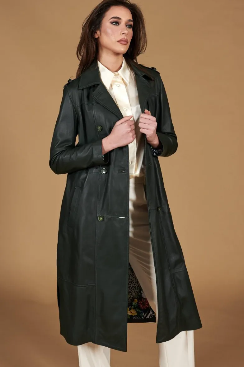 Donna D'Arienzo Hazel - Cappotto in pelle naturale verde doppio petto spacchi laterali