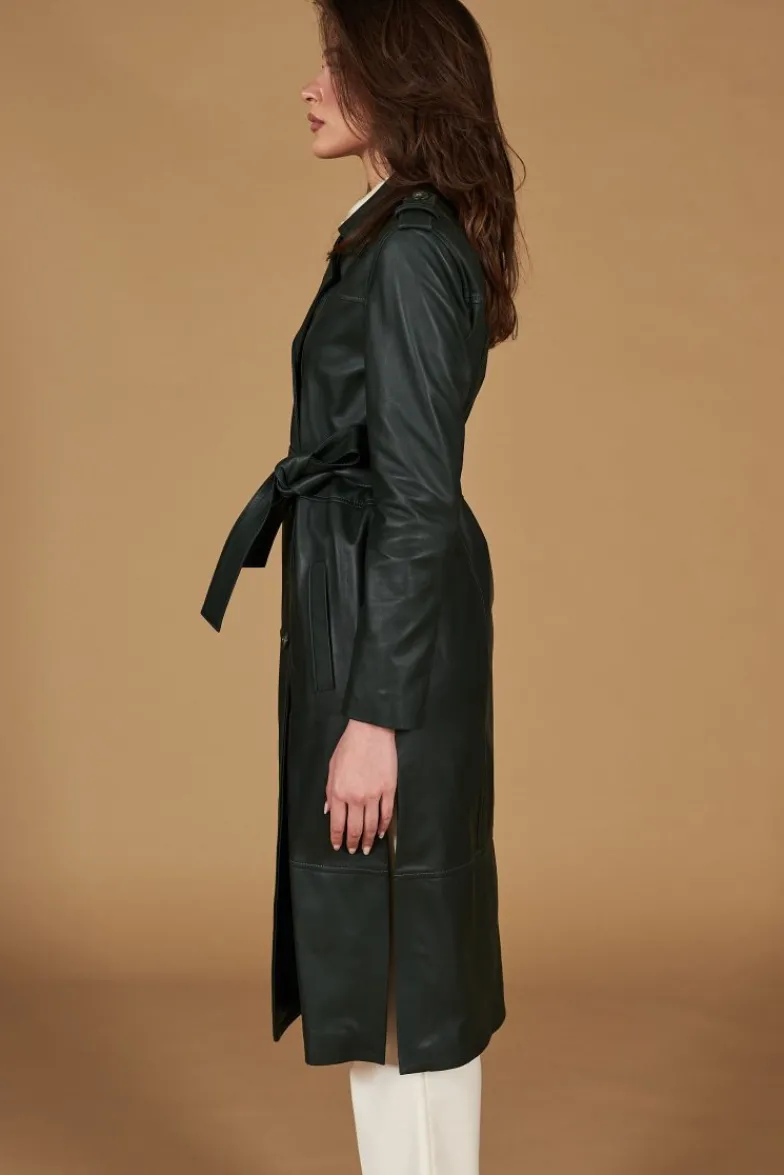 Donna D'Arienzo Hazel - Cappotto in pelle naturale verde doppio petto spacchi laterali
