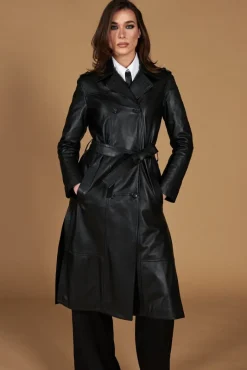 Donna D'Arienzo Hazel - Cappotto in pelle nappa nera doppio petto spacchi laterali