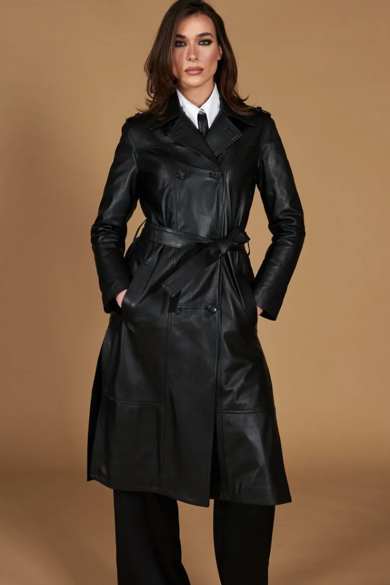 Donna D'Arienzo Hazel - Cappotto in pelle nappa nera doppio petto spacchi laterali