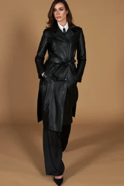 Donna D'Arienzo Hazel - Cappotto in pelle nappa nera doppio petto spacchi laterali