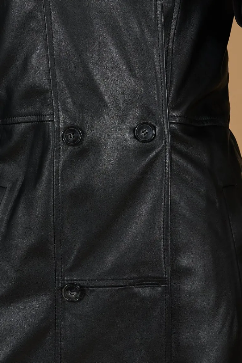 Donna D'Arienzo Hazel - Cappotto in pelle nappa nera doppio petto spacchi laterali