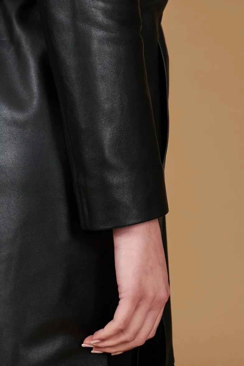 Donna D'Arienzo Hazel - Cappotto in pelle nappa nera doppio petto spacchi laterali