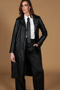 Donna D'Arienzo Hazel - Cappotto in pelle nappa nera doppio petto spacchi laterali