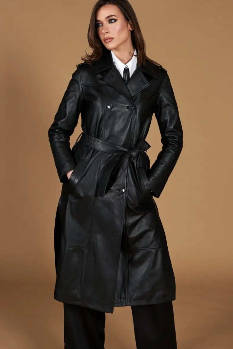 Donna D'Arienzo Hazel - Cappotto in pelle nappa nera doppio petto spacchi laterali