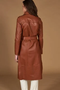 Donna D'Arienzo Hazel - Cappotto in pelle naturale cuoio doppio petto spacchi laterali