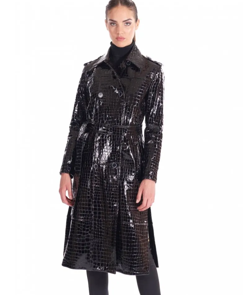 Donna D'Arienzo Hazel - Cappotto in pelle verniciata nera stampa coccodrillo spacchi laterali
