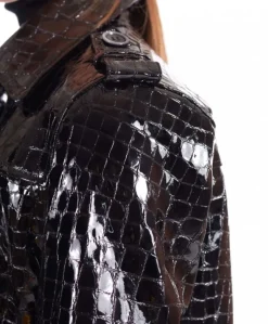 Donna D'Arienzo Hazel - Cappotto in pelle verniciata nera stampa coccodrillo spacchi laterali