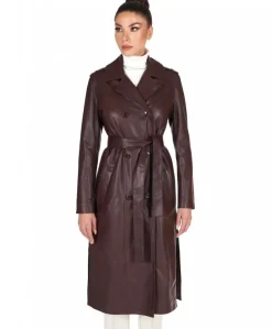 Donna D'Arienzo Hazel - Cappotto in pelle vinaccio doppio petto spacchi laterali