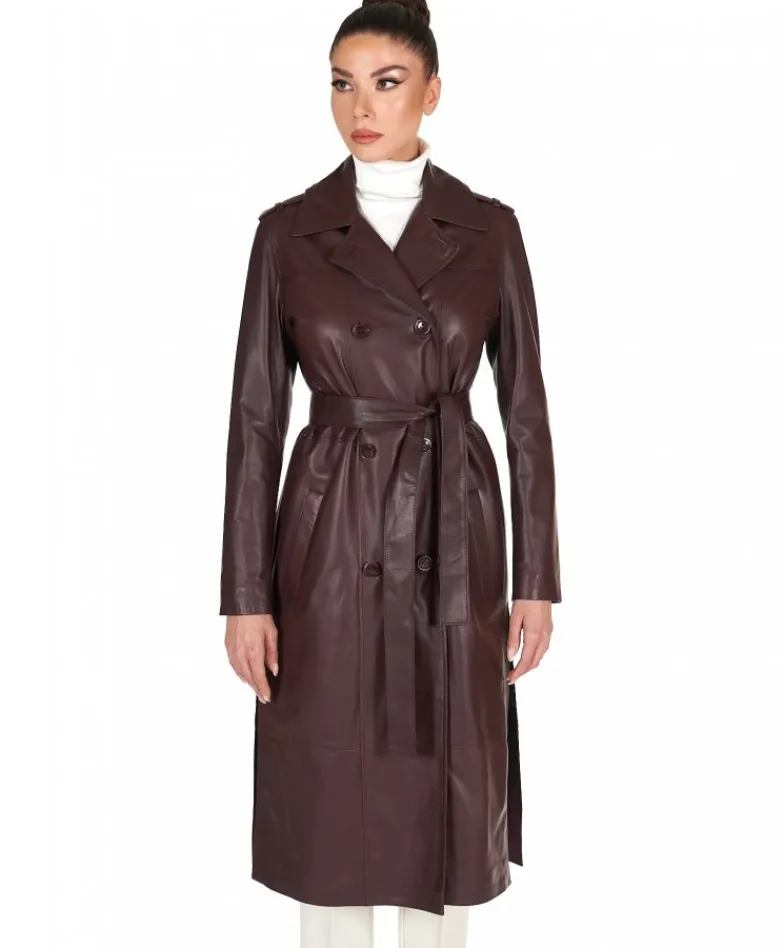 Donna D'Arienzo Hazel - Cappotto in pelle vinaccio doppio petto spacchi laterali