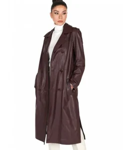 Donna D'Arienzo Hazel - Cappotto in pelle vinaccio doppio petto spacchi laterali