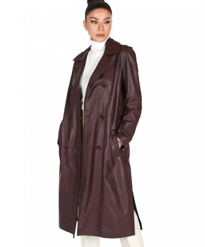 Donna D'Arienzo Hazel - Cappotto in pelle vinaccio doppio petto spacchi laterali