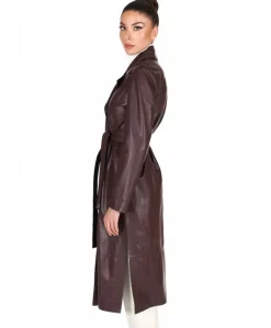Donna D'Arienzo Hazel - Cappotto in pelle vinaccio doppio petto spacchi laterali