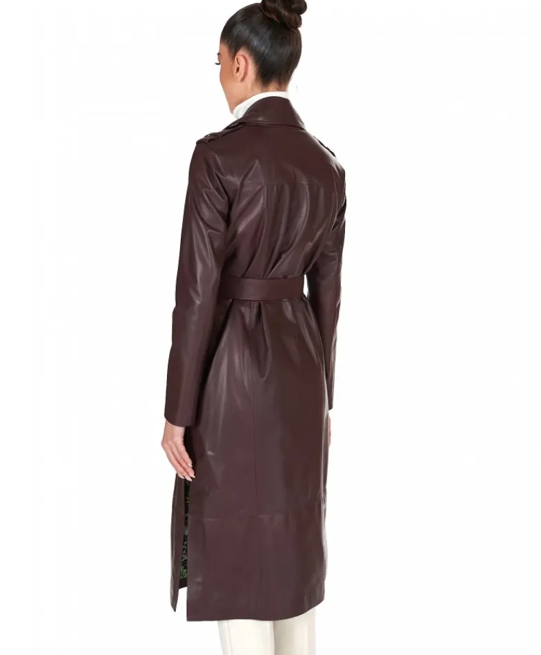 Donna D'Arienzo Hazel - Cappotto in pelle vinaccio doppio petto spacchi laterali