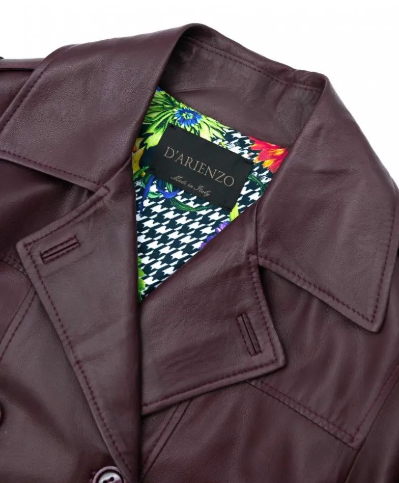 Donna D'Arienzo Hazel - Cappotto in pelle vinaccio doppio petto spacchi laterali