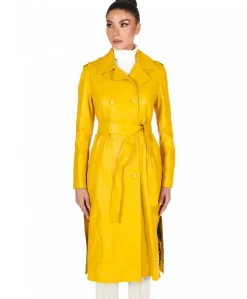 Donna D'Arienzo Hazel - Cappotto in pelle nappa gialla doppio petto spacchi laterali