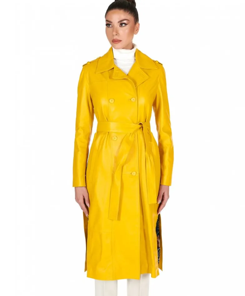 Donna D'Arienzo Hazel - Cappotto in pelle nappa gialla doppio petto spacchi laterali