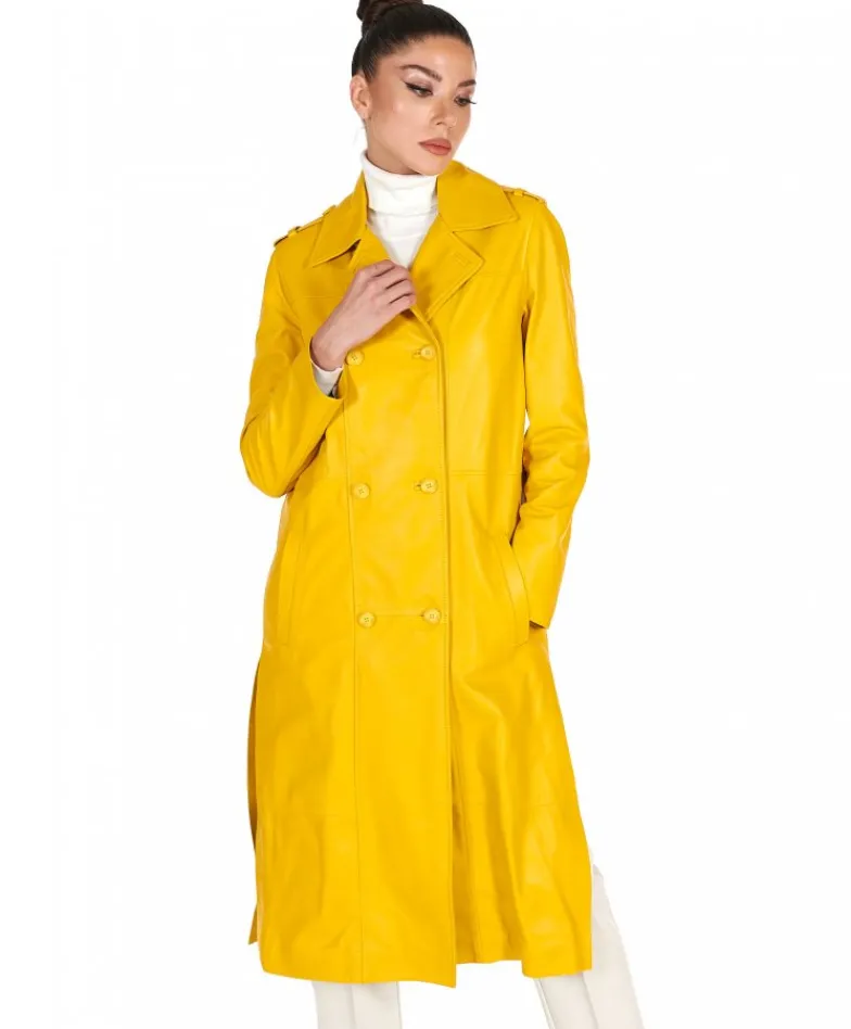 Donna D'Arienzo Hazel - Cappotto in pelle nappa gialla doppio petto spacchi laterali