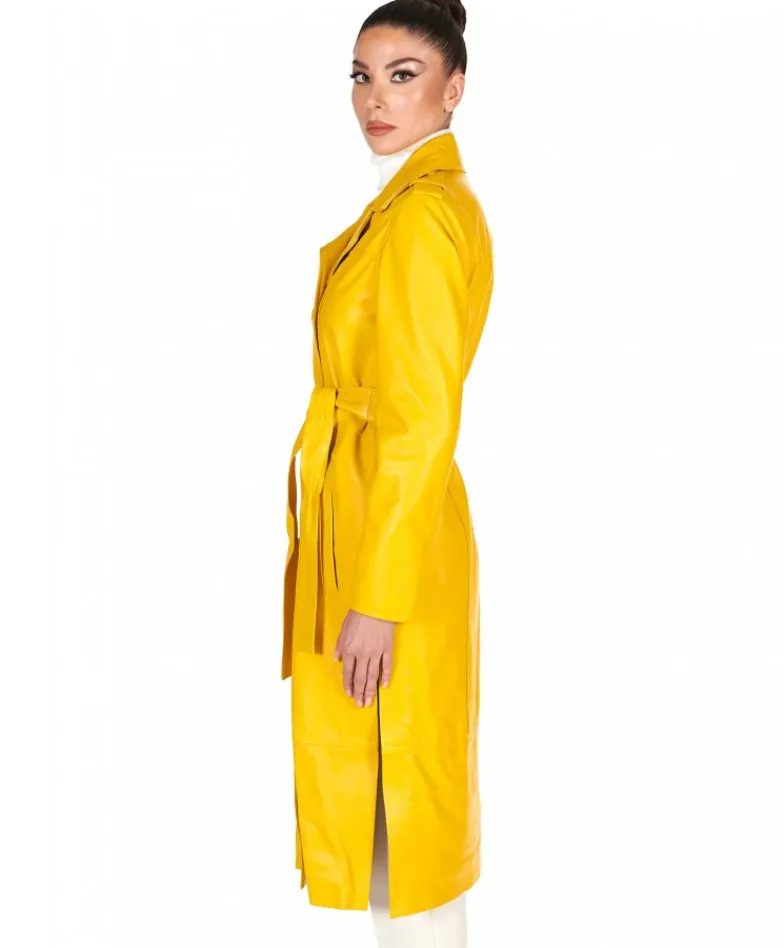 Donna D'Arienzo Hazel - Cappotto in pelle nappa gialla doppio petto spacchi laterali