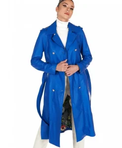 Donna D'Arienzo Hazel - Cappotto in pelle bluette doppio petto spacchi laterali