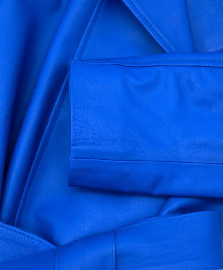Donna D'Arienzo Hazel - Cappotto in pelle bluette doppio petto spacchi laterali