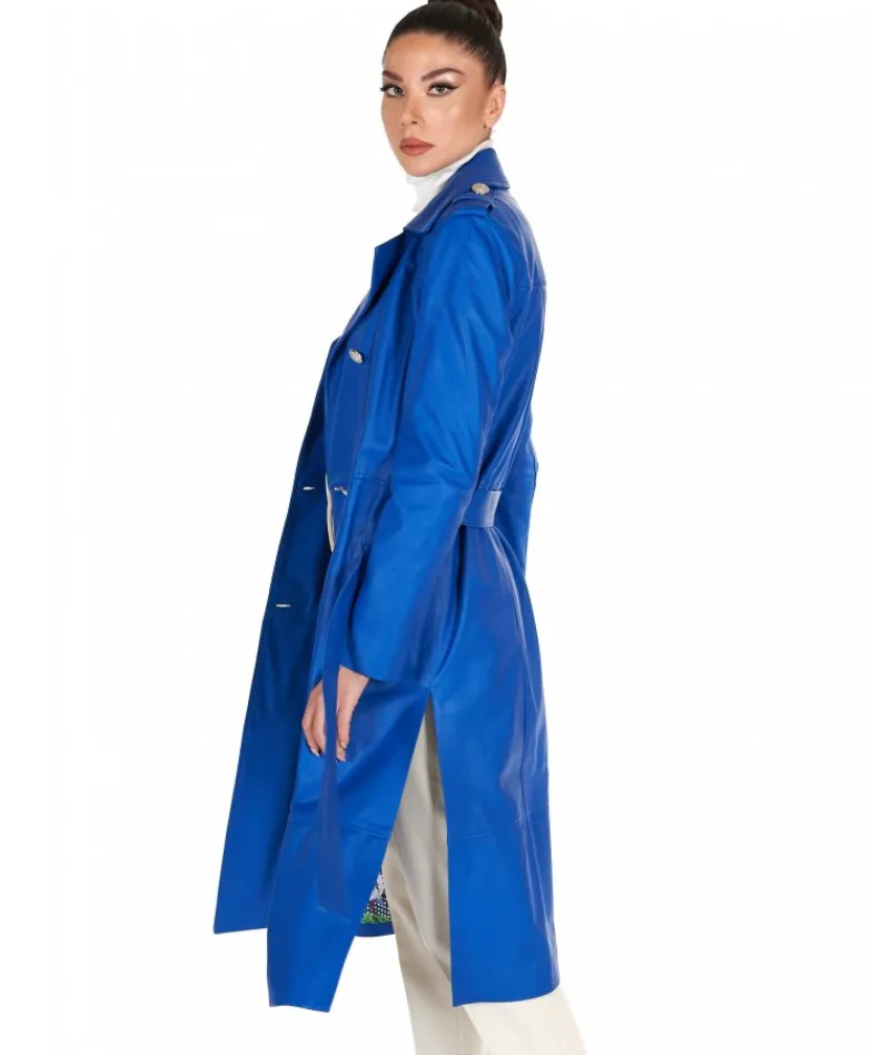 Donna D'Arienzo Hazel - Cappotto in pelle bluette doppio petto spacchi laterali