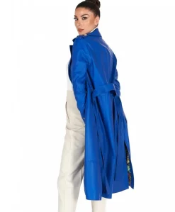 Donna D'Arienzo Hazel - Cappotto in pelle bluette doppio petto spacchi laterali