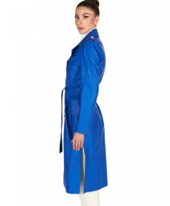 Donna D'Arienzo Hazel - Cappotto in pelle bluette doppio petto spacchi laterali