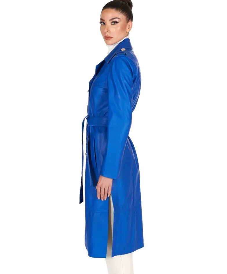 Donna D'Arienzo Hazel - Cappotto in pelle bluette doppio petto spacchi laterali