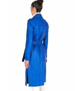 Donna D'Arienzo Hazel - Cappotto in pelle bluette doppio petto spacchi laterali