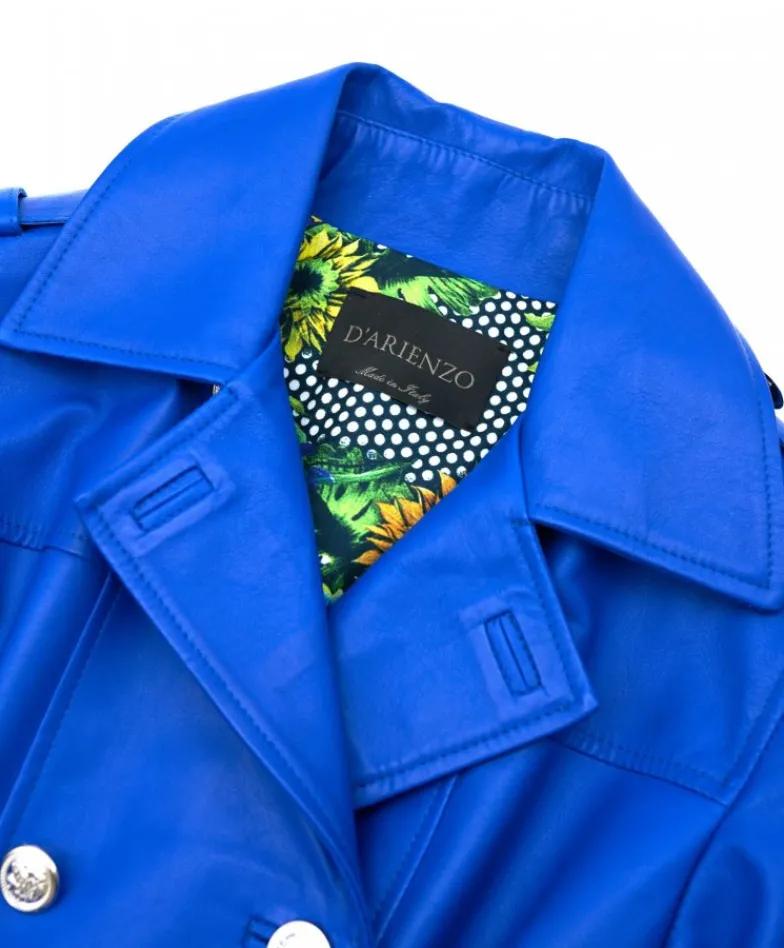 Donna D'Arienzo Hazel - Cappotto in pelle bluette doppio petto spacchi laterali