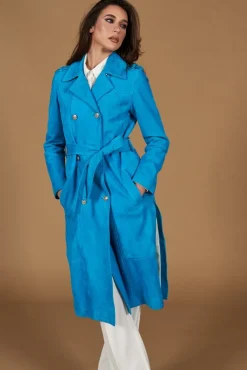 Donna D'Arienzo Hazel - Cappotto in pelle scamoscio turchese doppio petto spacchi laterali