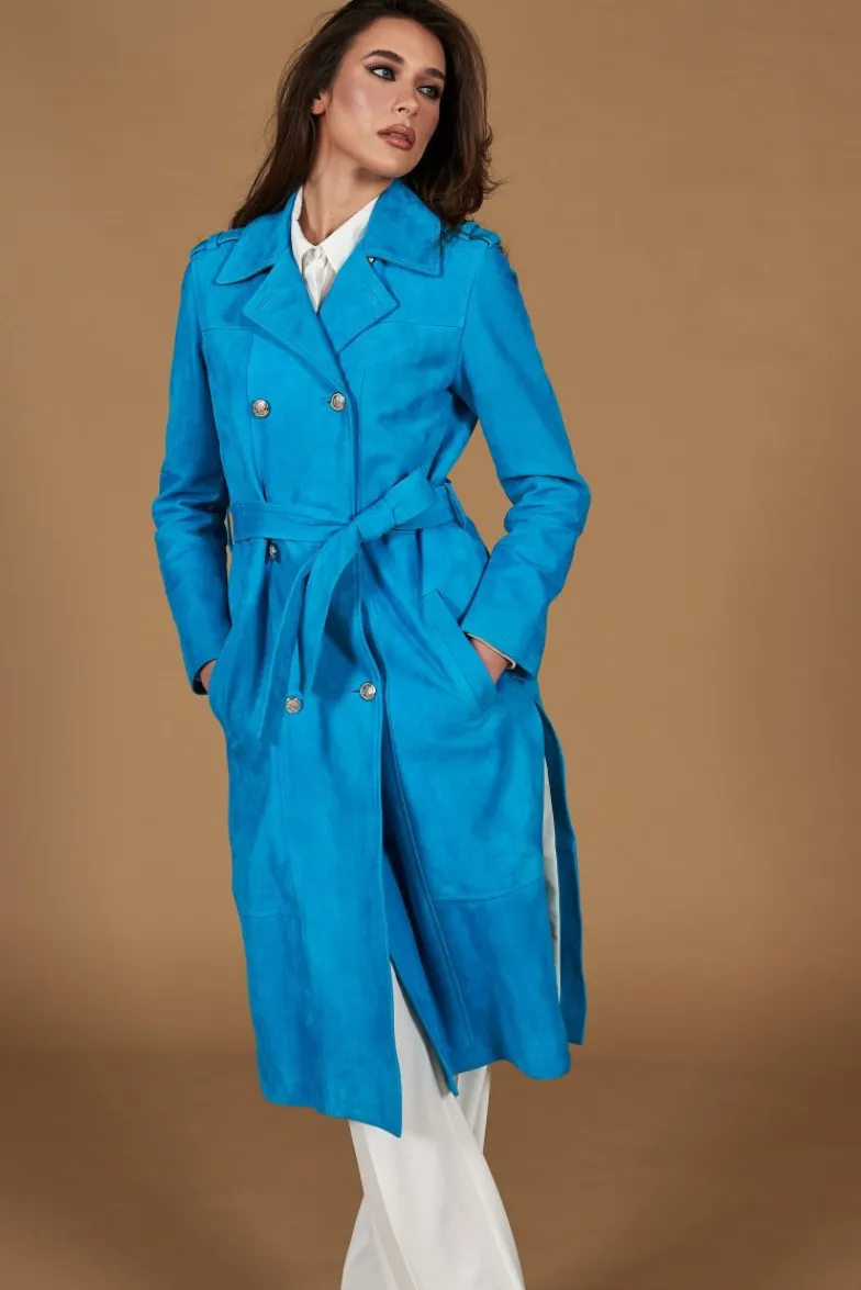 Donna D'Arienzo Hazel - Cappotto in pelle scamoscio turchese doppio petto spacchi laterali