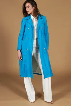 Donna D'Arienzo Hazel - Cappotto in pelle scamoscio turchese doppio petto spacchi laterali