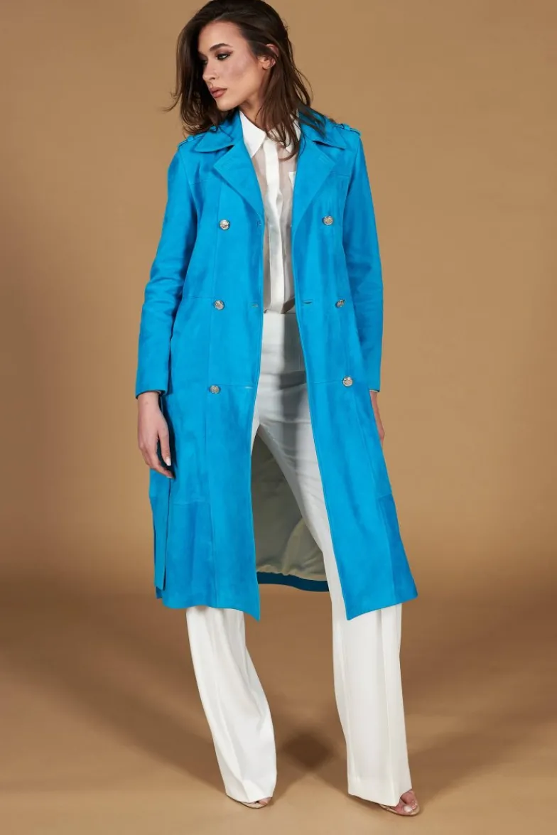 Donna D'Arienzo Hazel - Cappotto in pelle scamoscio turchese doppio petto spacchi laterali