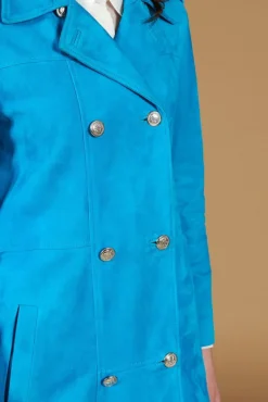 Donna D'Arienzo Hazel - Cappotto in pelle scamoscio turchese doppio petto spacchi laterali