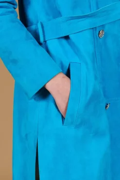 Donna D'Arienzo Hazel - Cappotto in pelle scamoscio turchese doppio petto spacchi laterali