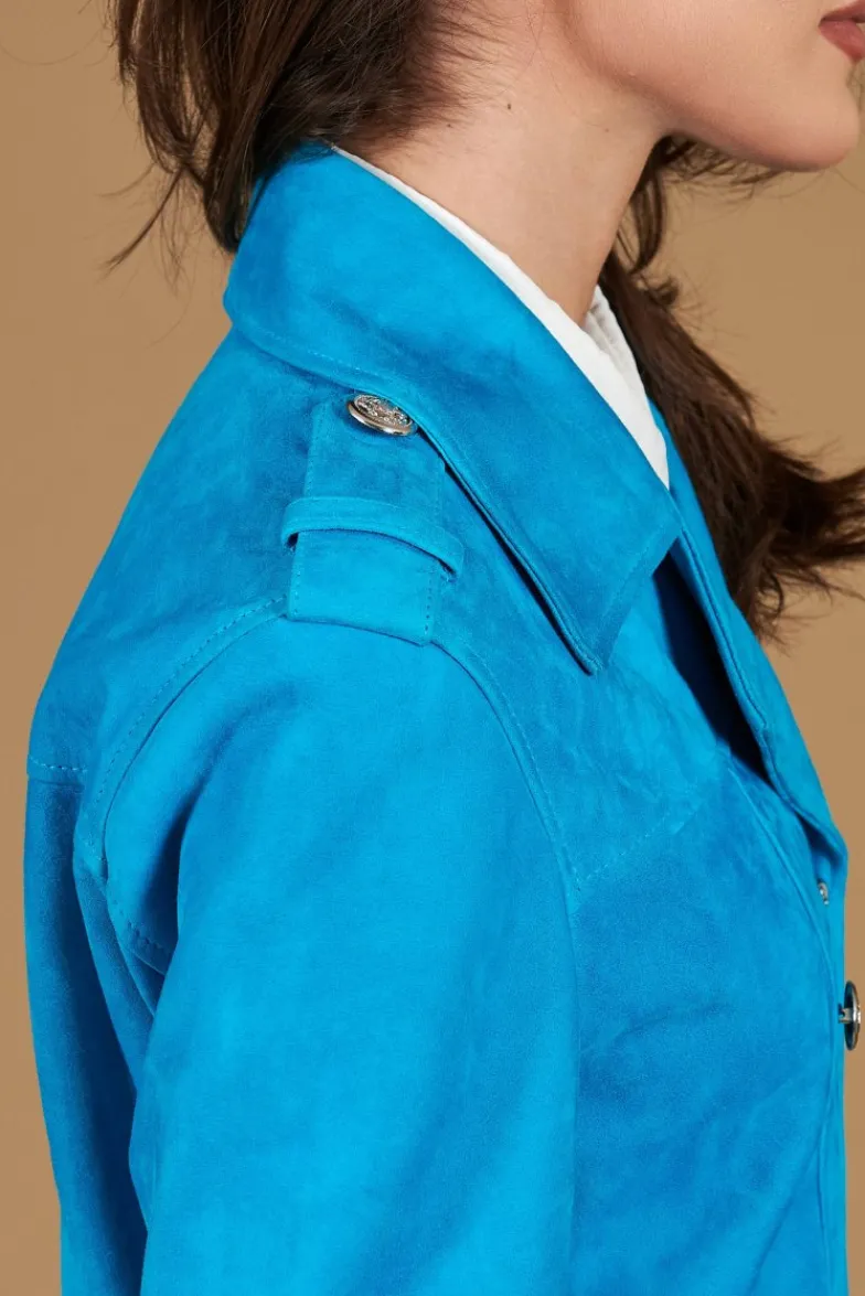 Donna D'Arienzo Hazel - Cappotto in pelle scamoscio turchese doppio petto spacchi laterali