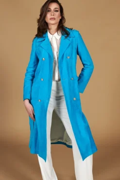 Donna D'Arienzo Hazel - Cappotto in pelle scamoscio turchese doppio petto spacchi laterali