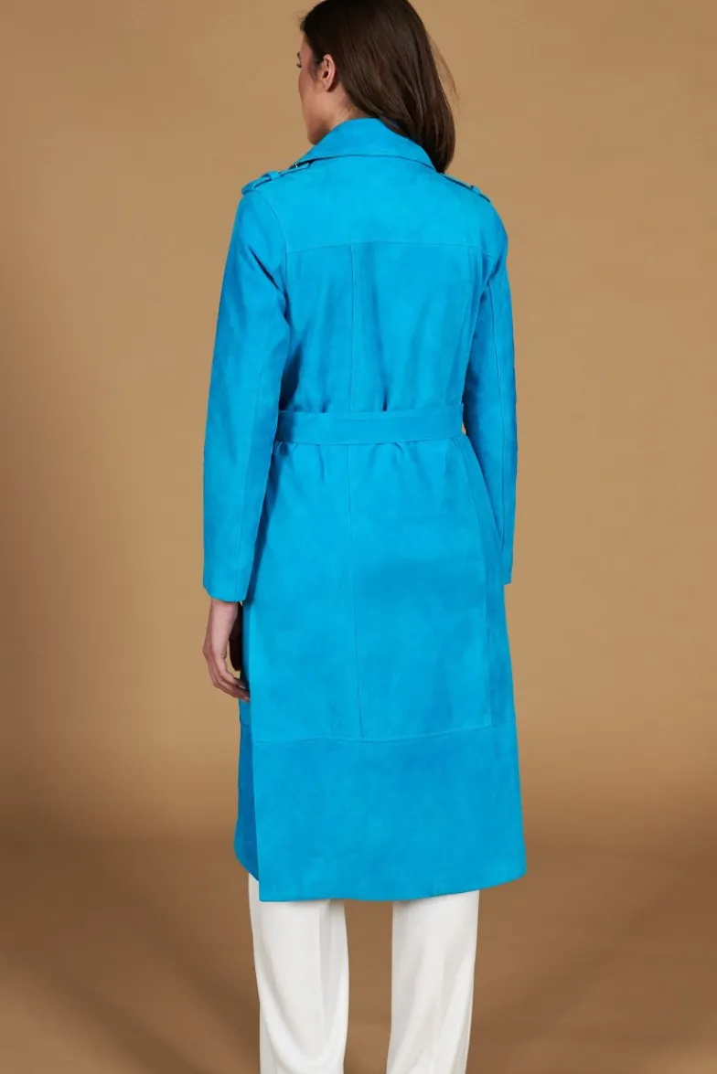 Donna D'Arienzo Hazel - Cappotto in pelle scamoscio turchese doppio petto spacchi laterali