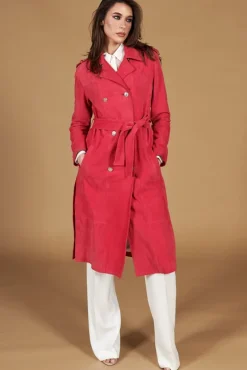 Donna D'Arienzo Hazel - Cappotto in pelle scamosciata fuxia doppio petto spacchi laterali