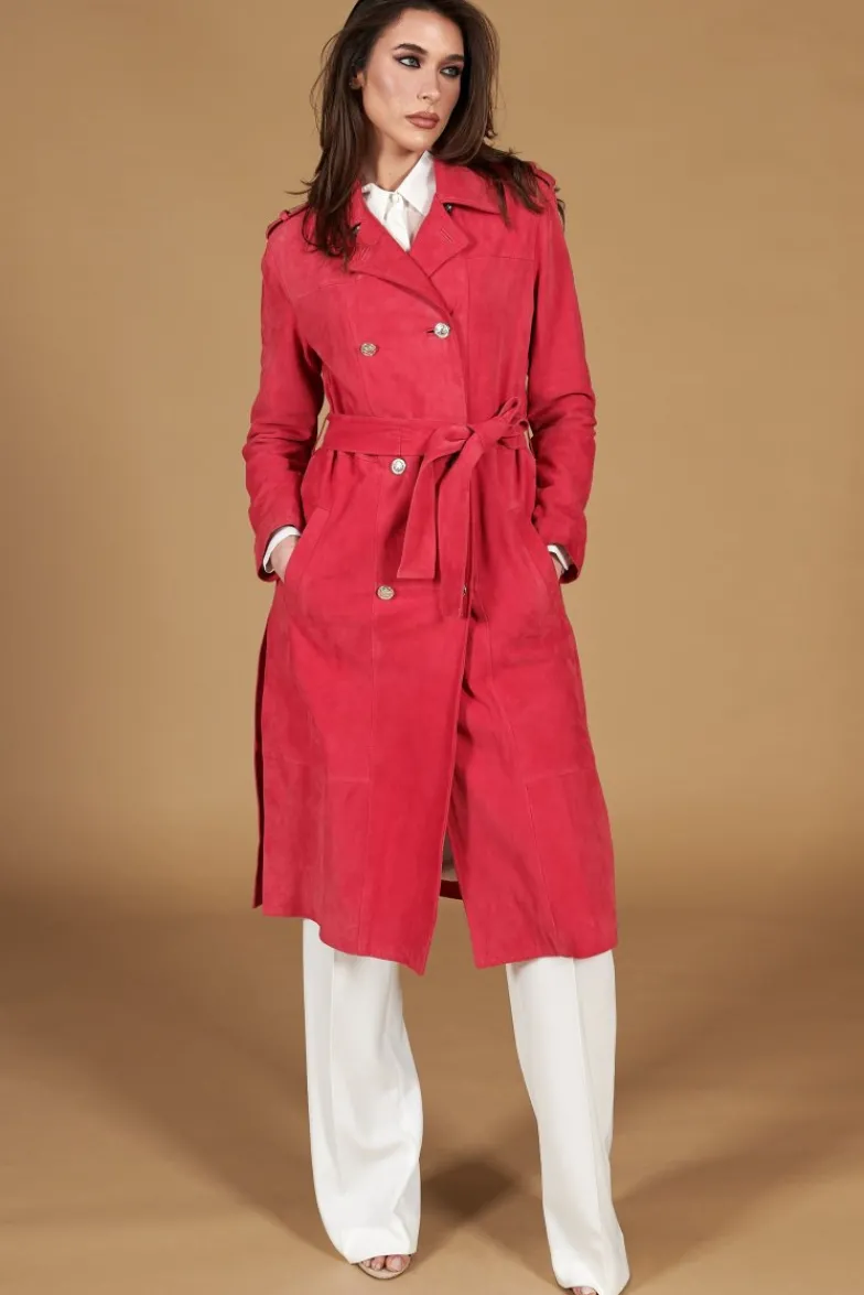 Donna D'Arienzo Hazel - Cappotto in pelle scamosciata fuxia doppio petto spacchi laterali